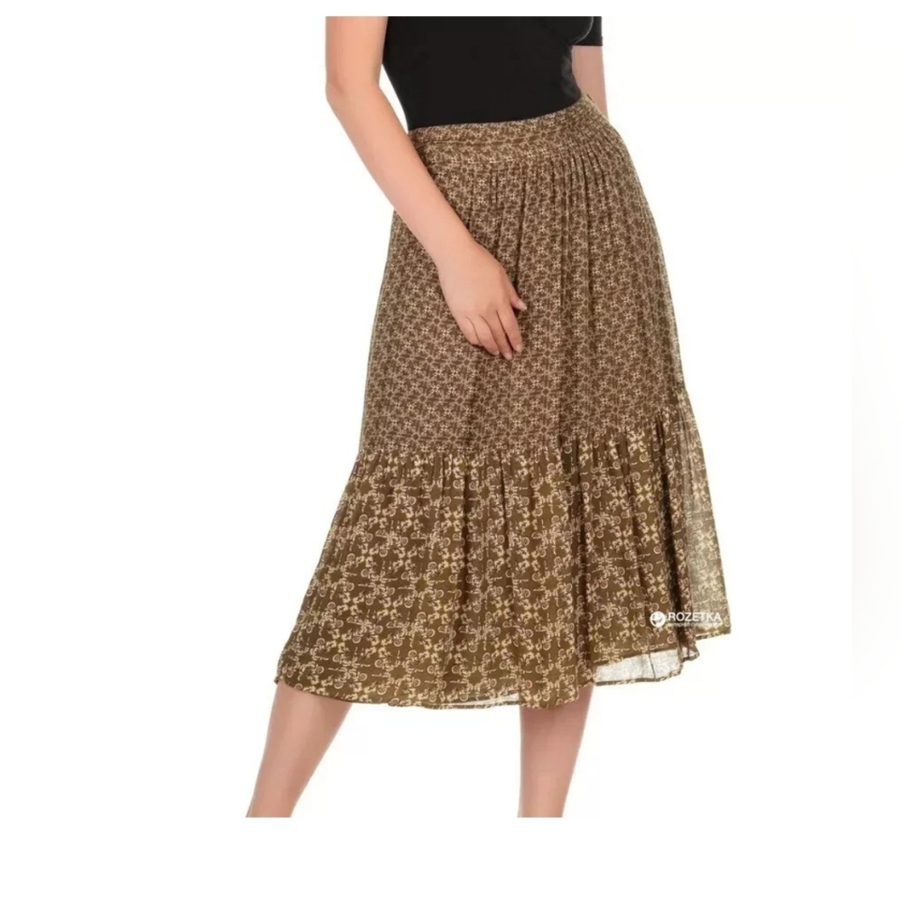 NEW Massimo Dutti Olive Brown Green Floral Print Pleated Midi Skirt S 6